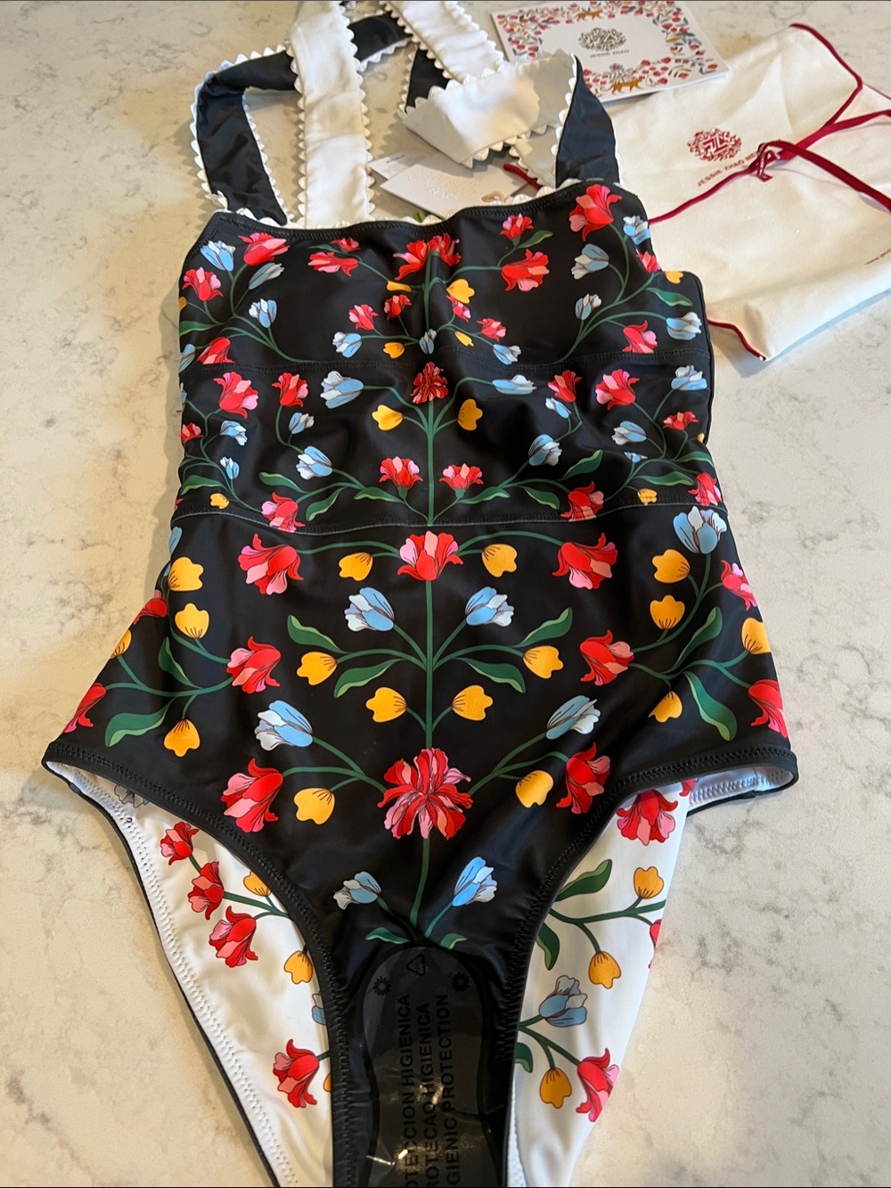 Jessie Zhao NY Day/Night Glow Reversible One-Piece Swimsuit - Black Floral (XS)